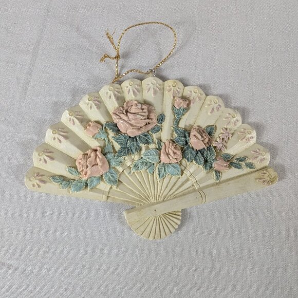 Midwest Imports Victorian Fan Christmas Ornaments Pink Roses Flowers Ivory Green - Picture 1 of 5